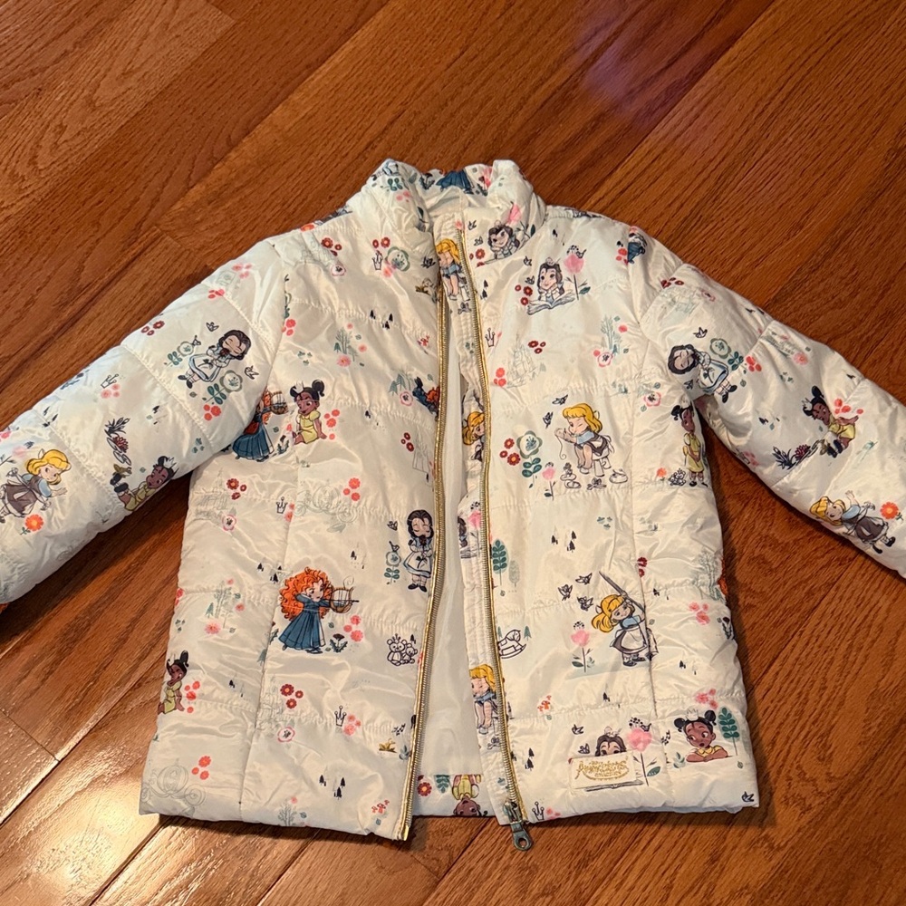 Girls , Disney Animators Cream Printed Puffer Jacket - Kids Jackets & Coats